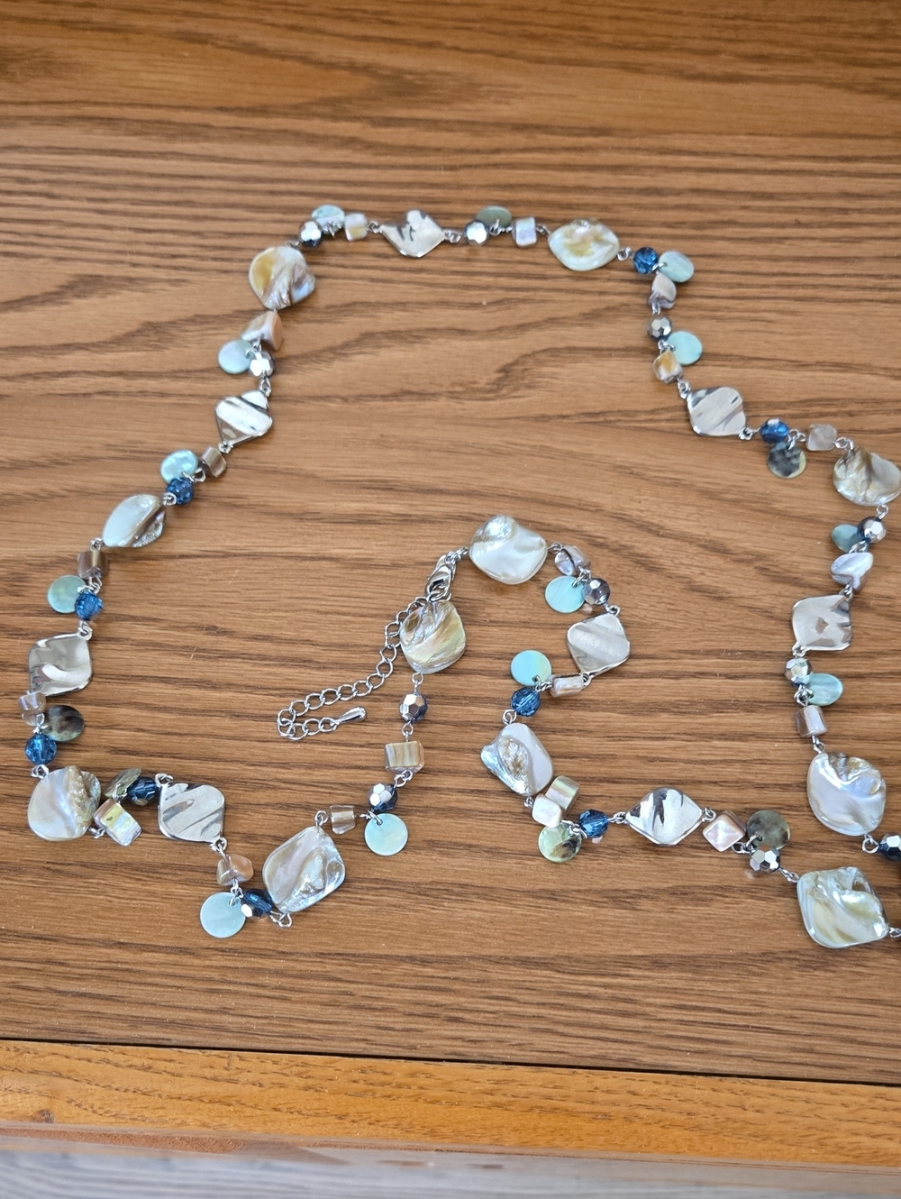 Iridescent Shell Bead Necklace and Bracelet Set - Blue and Pearl Tones